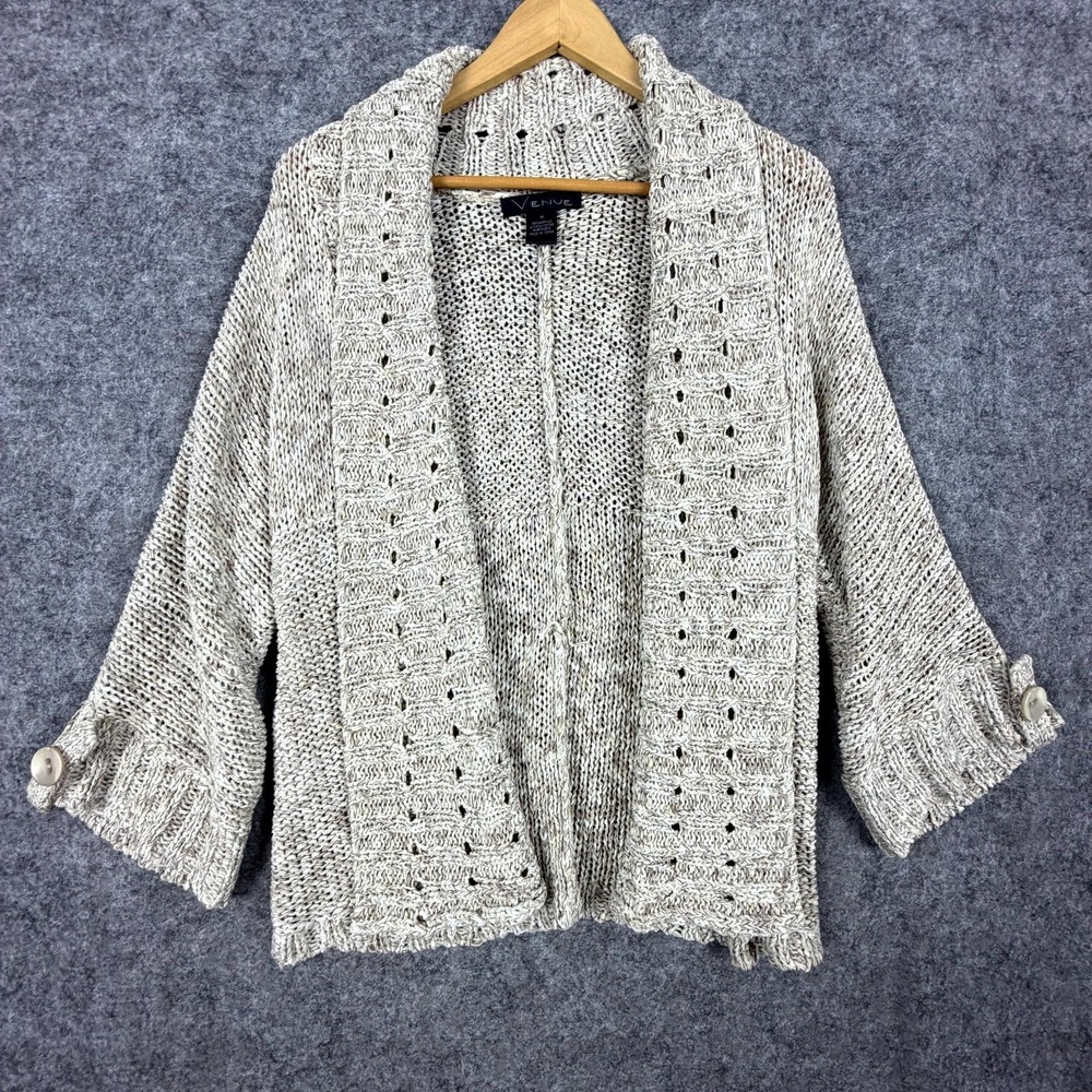 Venue Cardigan Sweater Womens Medium Beige Acrylic Open Front Casual Lagenlook